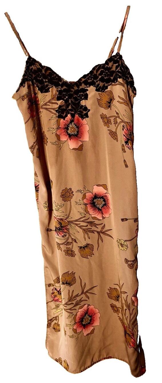 VTG Wet Seal XS Floral Satin Slip Dress Taupe Pink Black Lace Romantic Feminine